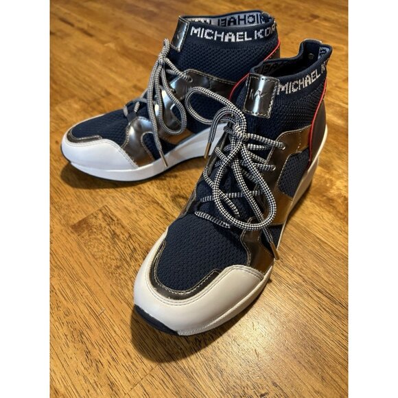 MICHAEL KORS Hilda Knit Sock Leather Wedge Sneaker Trainer Navy Silver Red 6.5 - Picture 2 of 10